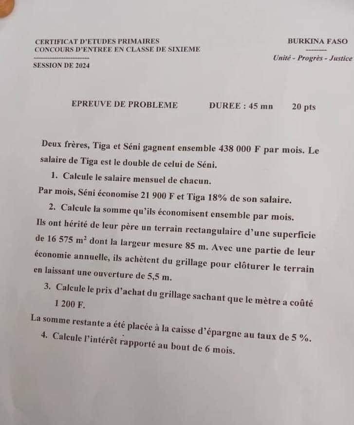 Epreuve de Problème de CEP trop difficile au Burkina Faso