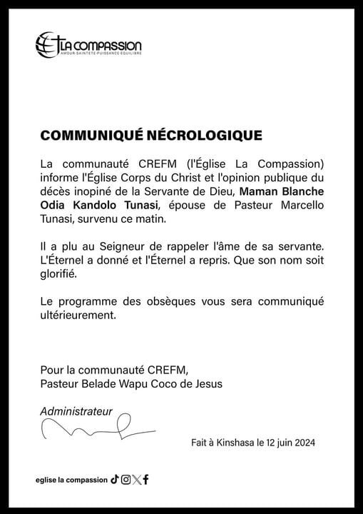 Décès de la femme du Pasteur Marcello Tunasi, Blanche Odia Kandolo Tunasi