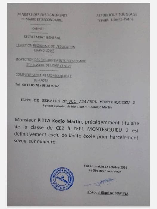 Togo : l'enseignant de CE2, P.K. Martin exclu de son école pour l'harcèlement sexuel