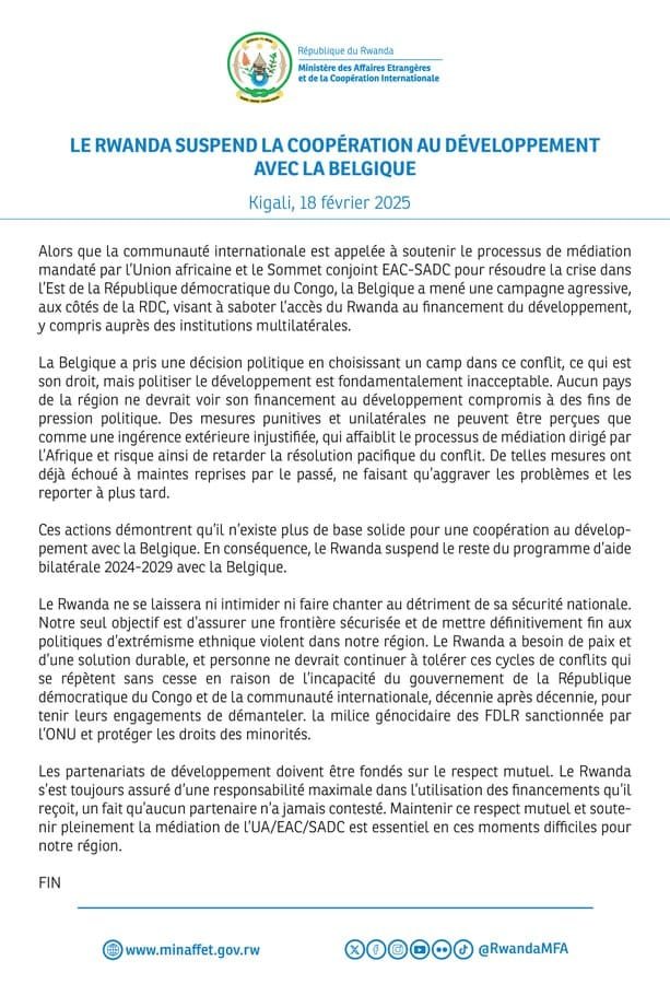 Le Rwanda suspend sa coopération de développement avec la Belgique